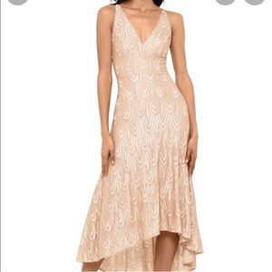 Betsy & Adam Art Deco gold sequin high-low midi dress